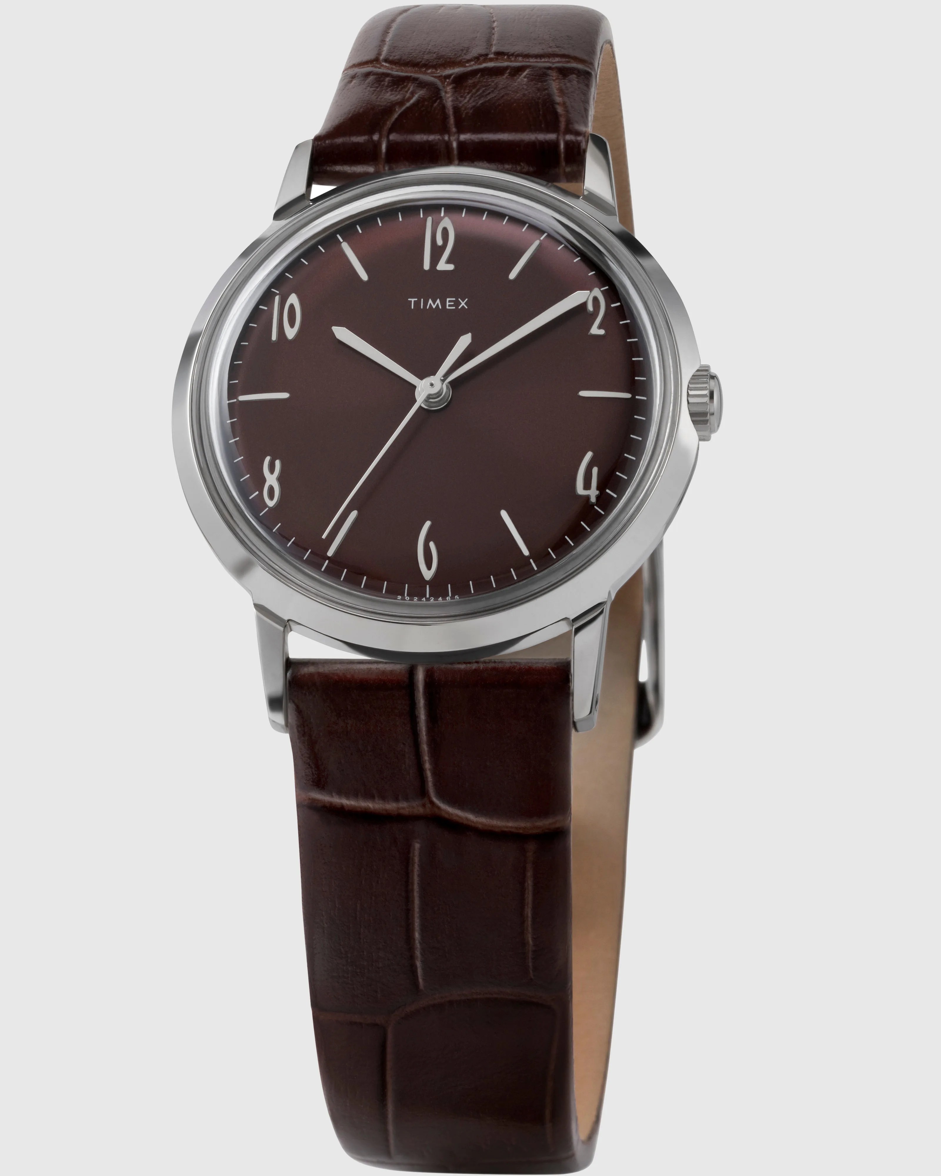 a Timex Marlin dress watch with a burgundy dial and brown leather strap