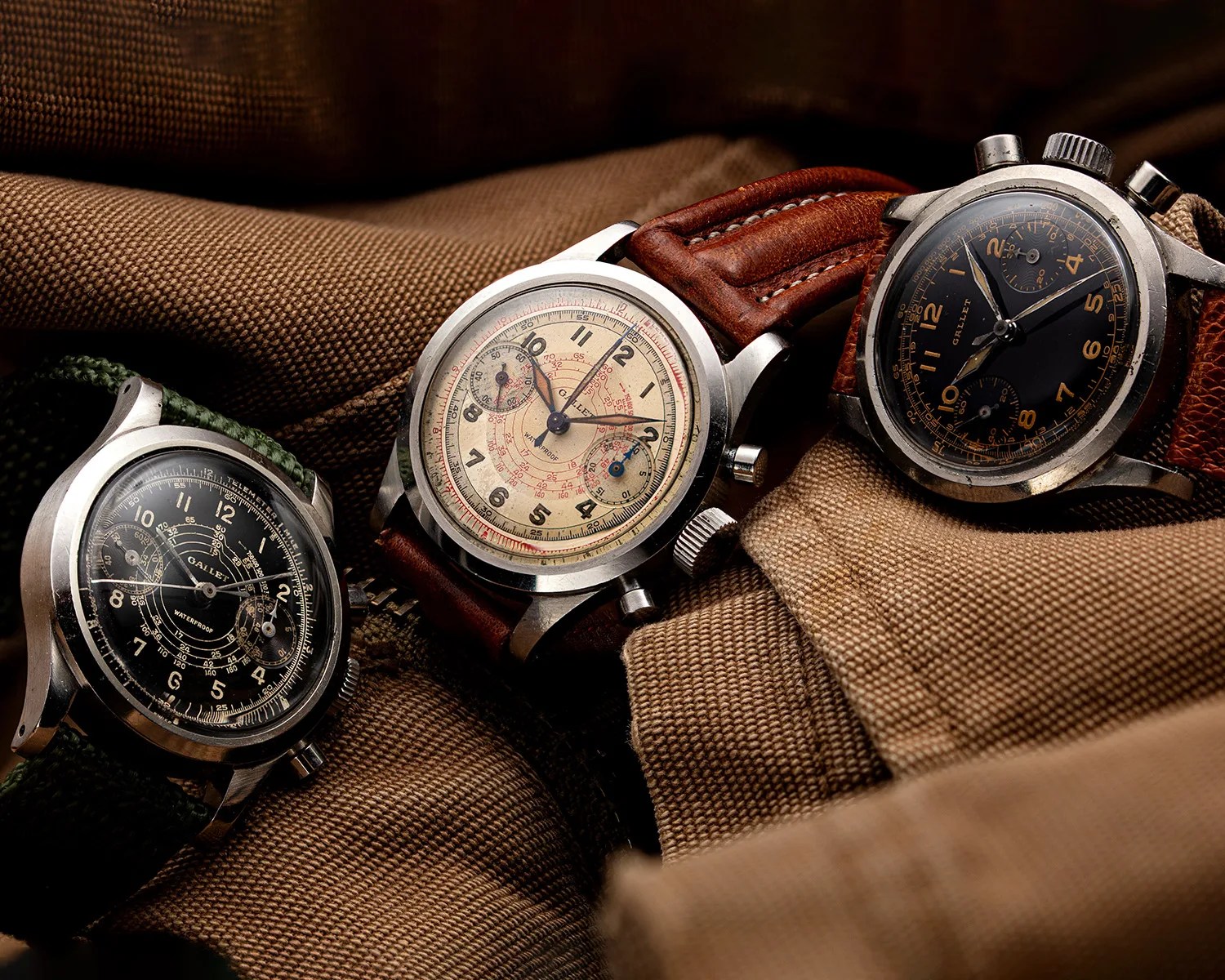 three vintage gallet chronograph watches on a work jacket