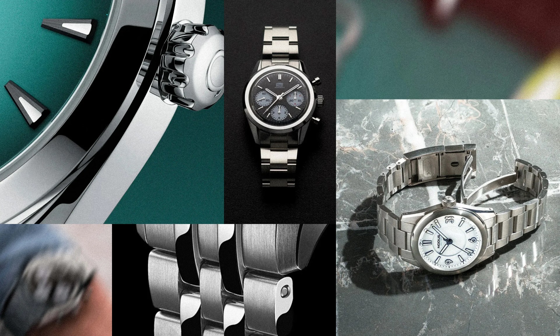collage of watches from omega, nodus and others