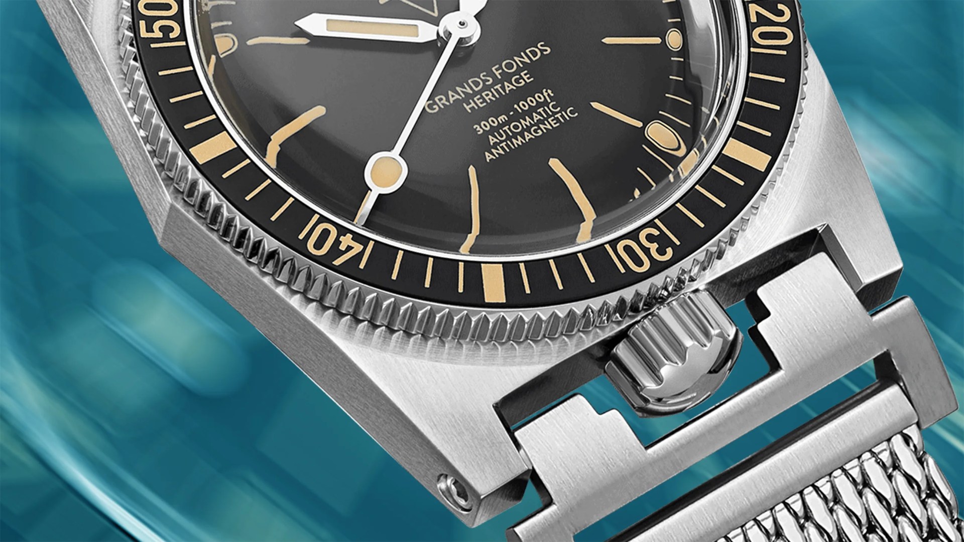 close up of the dial and crown on a ZRC dive watch
