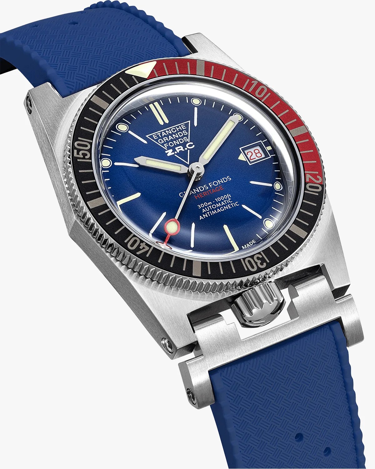a zrc dive watch with a red and black bezel