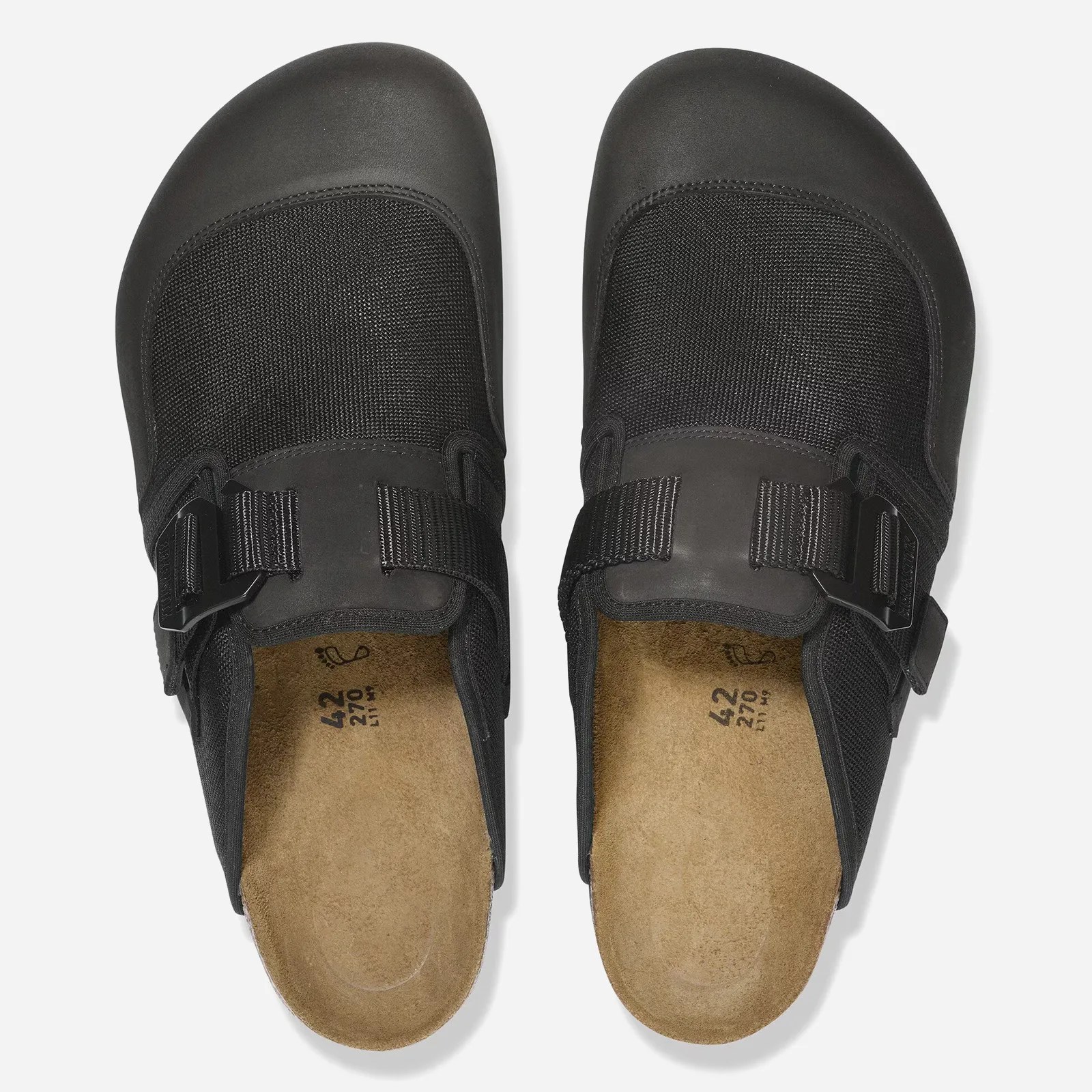 A pair of Birkenstock Boston Nova sandals in black shown from above with the sandal toes pointing towards the top of the image frame against a light grey background. 