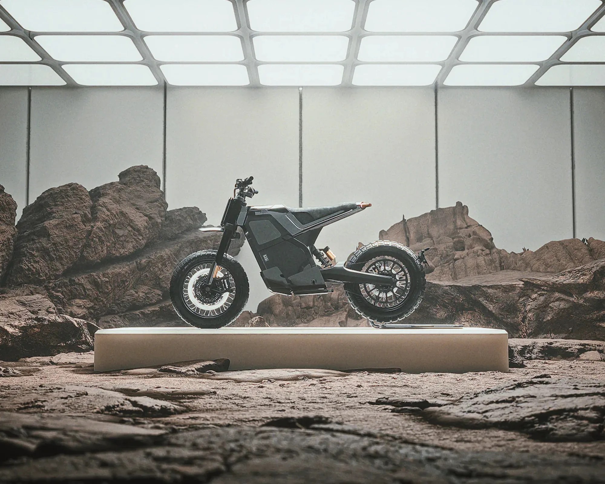Dab Motors Dab 1 Alpha X Electric Motorcycle on rocky set