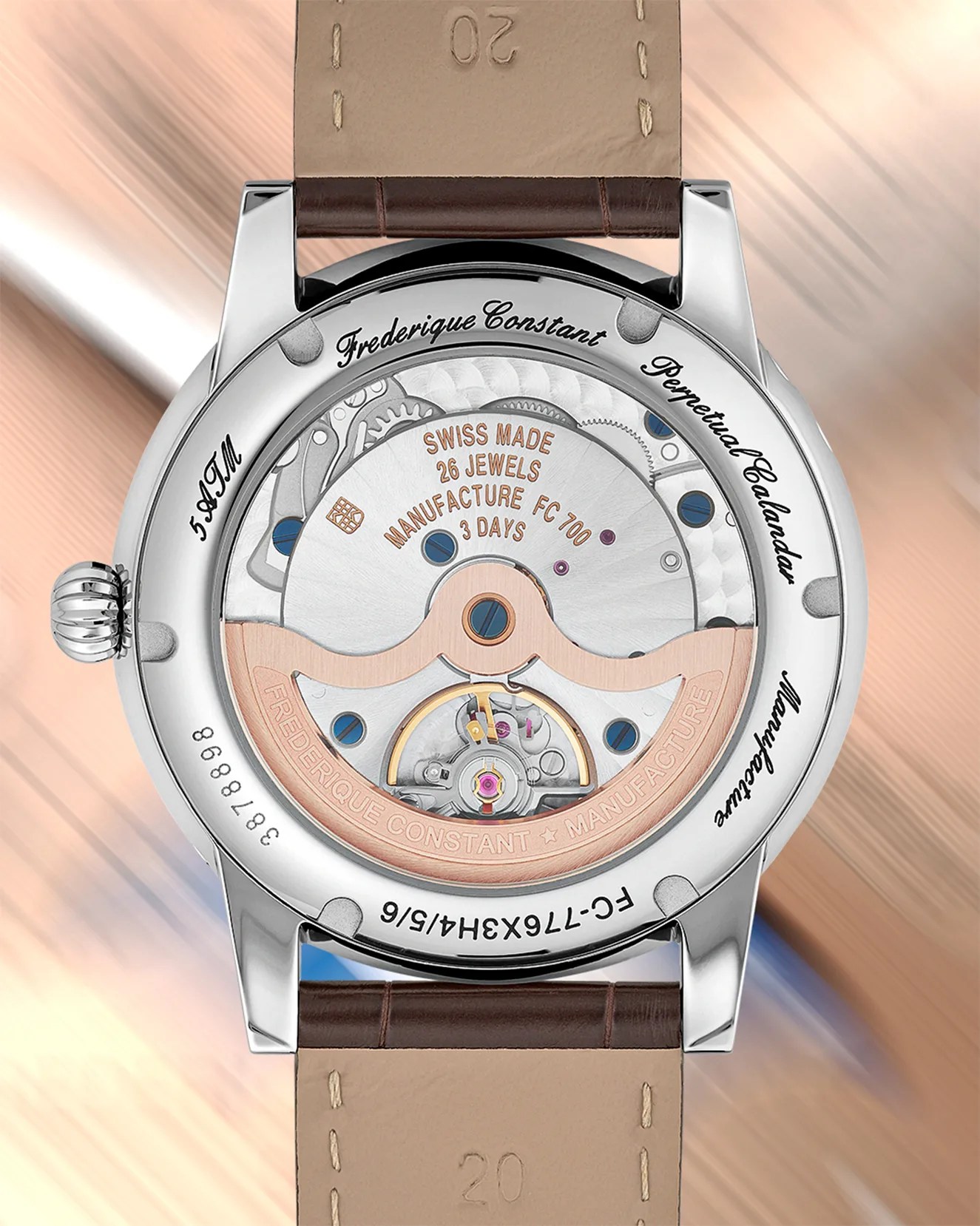 the back of a Frederique Constant automatic watch