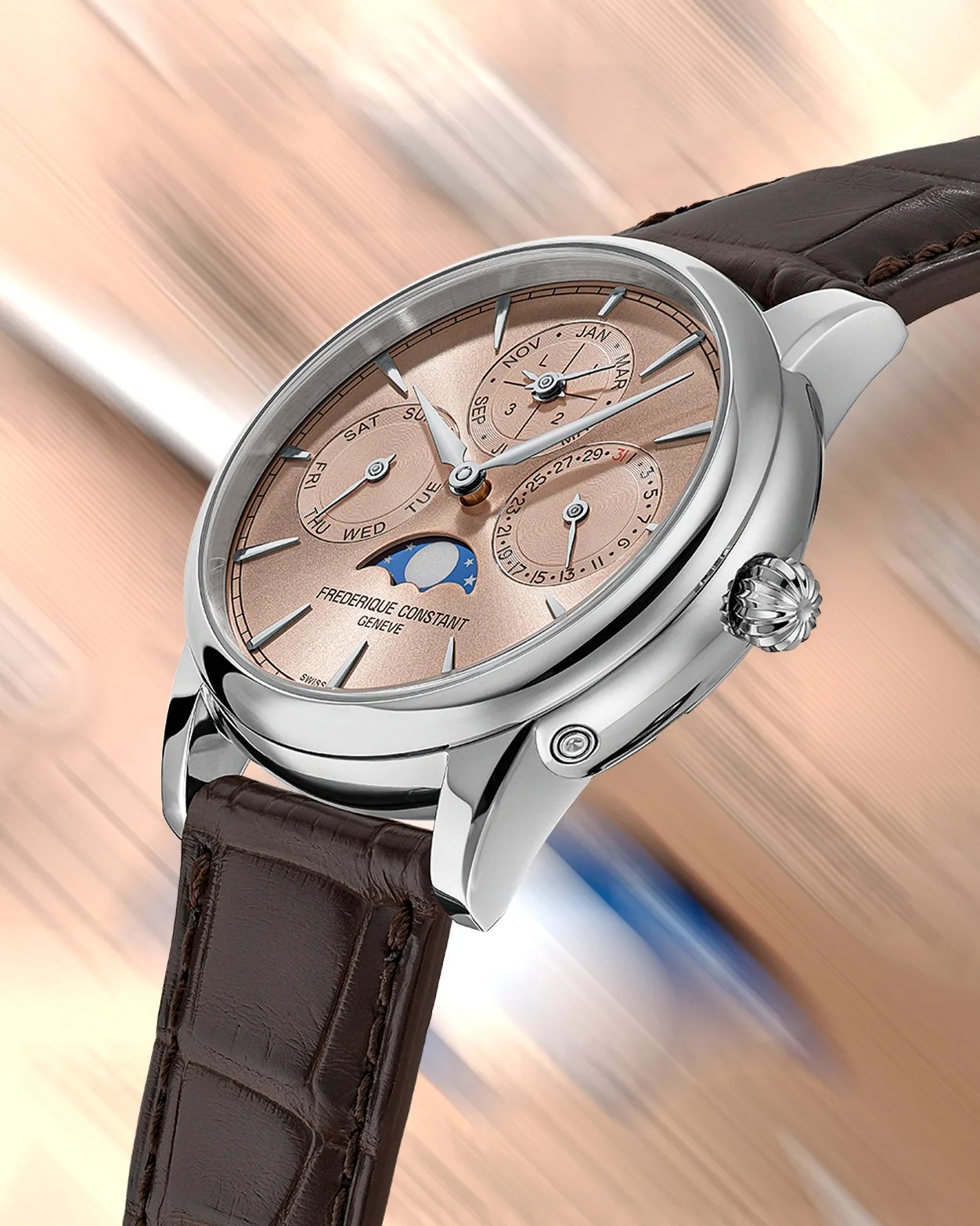 the case, crown and dial of a perpetual calendar watch