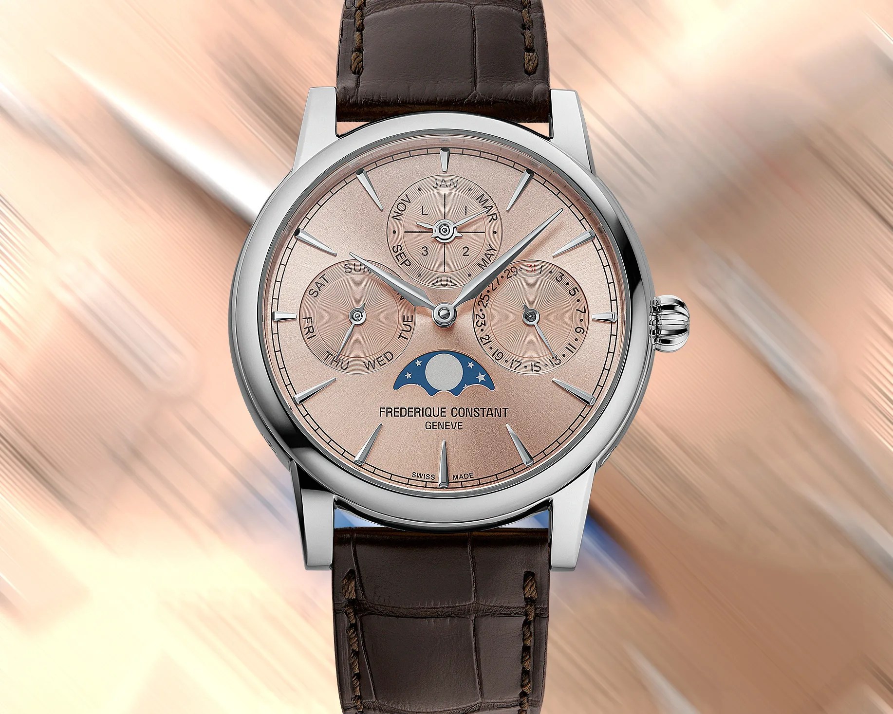 the dial and case of a perpetual calendar watch