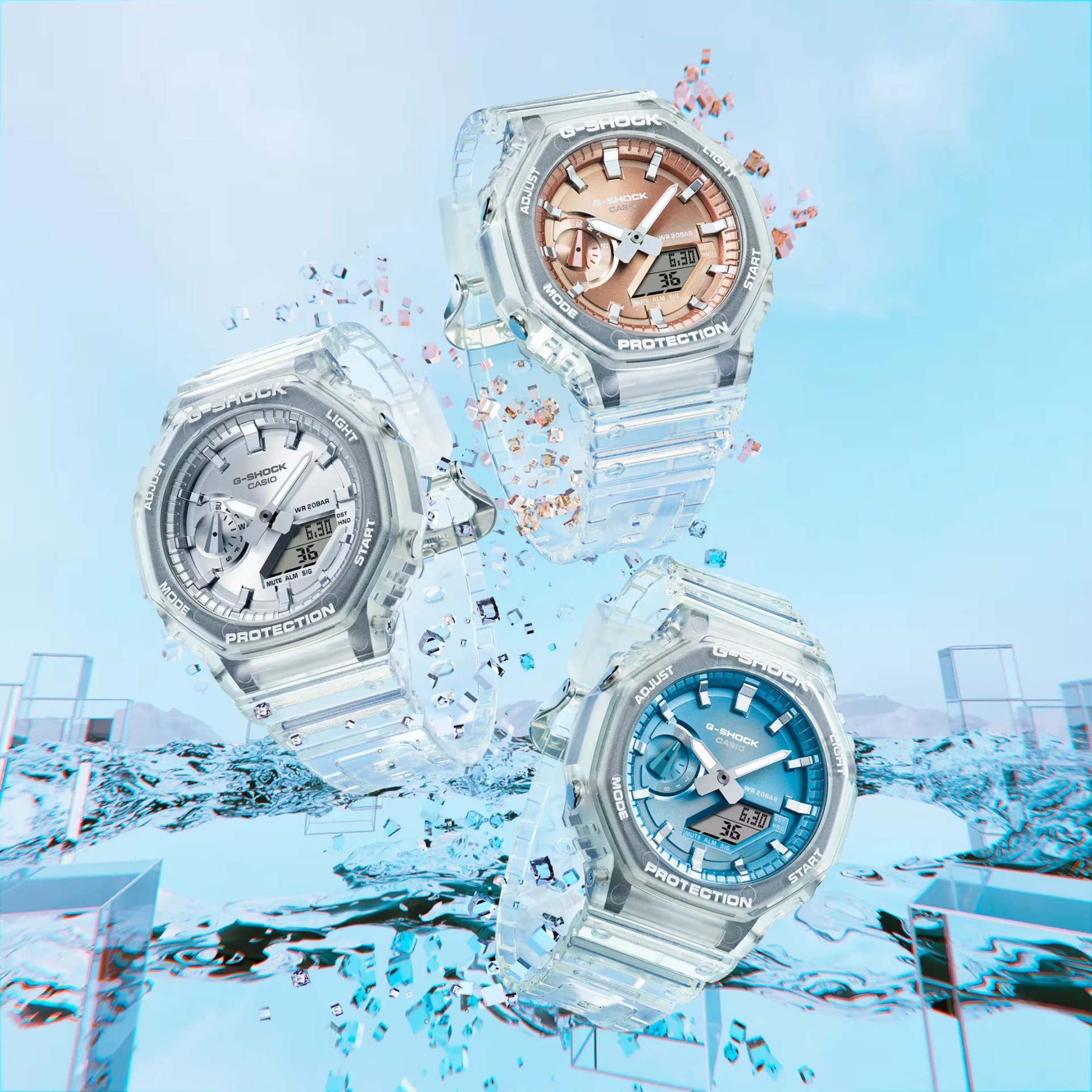 G-Shock Bright Metallic Dial Collection watches in pixellated water with sky blue background
