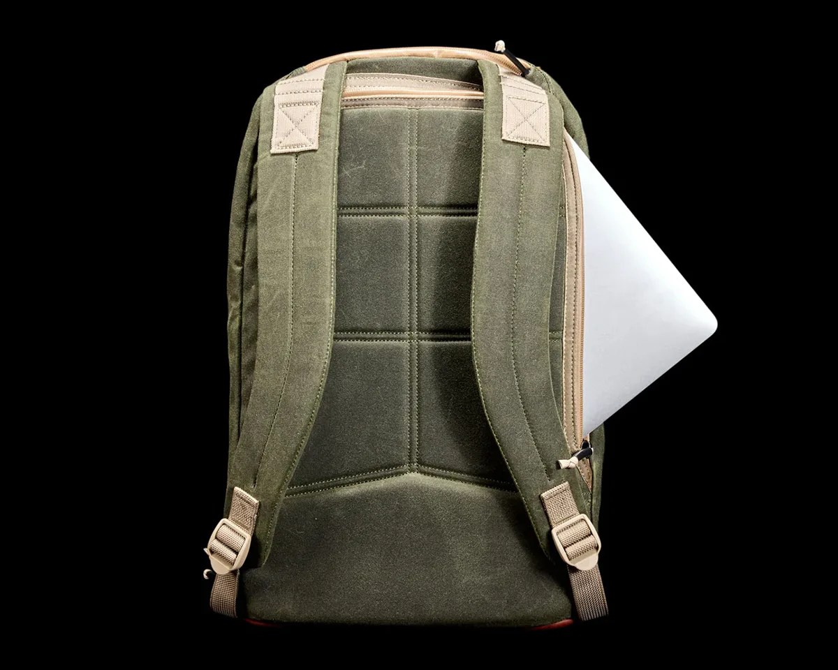 GoRuck Bullet Ruck Heritage Waxed Canvas Backpack straps and laptop sleeve