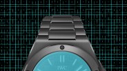 A photo illustration of an Ingenieur Automatic 42 in black ceramic against a turquoise and black grid with a turquoise overlay