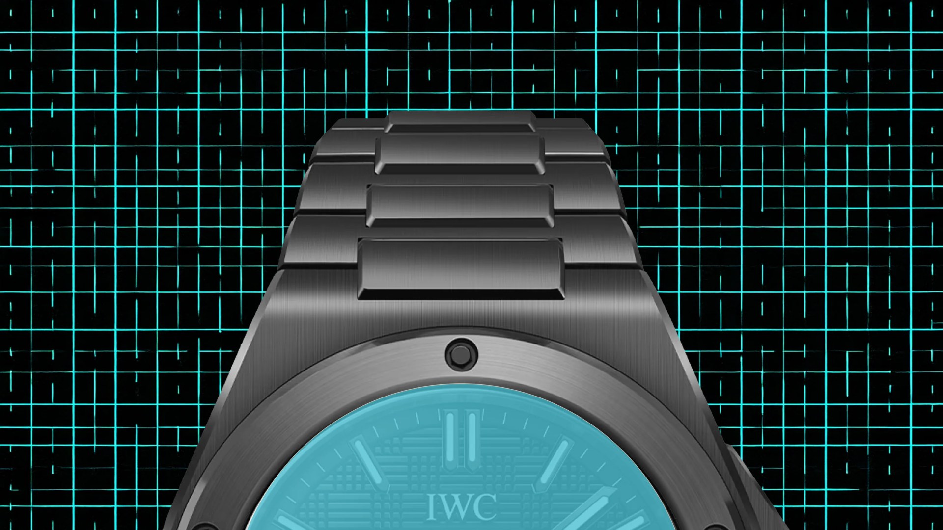 A photo illustration of an Ingenieur Automatic 42 in black ceramic against a turquoise and black grid with a turquoise overlay