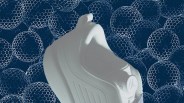 A photo illustration of a Jordan Brand Air Rev golf shoe shown in front of an illustrated pattern of golf balls