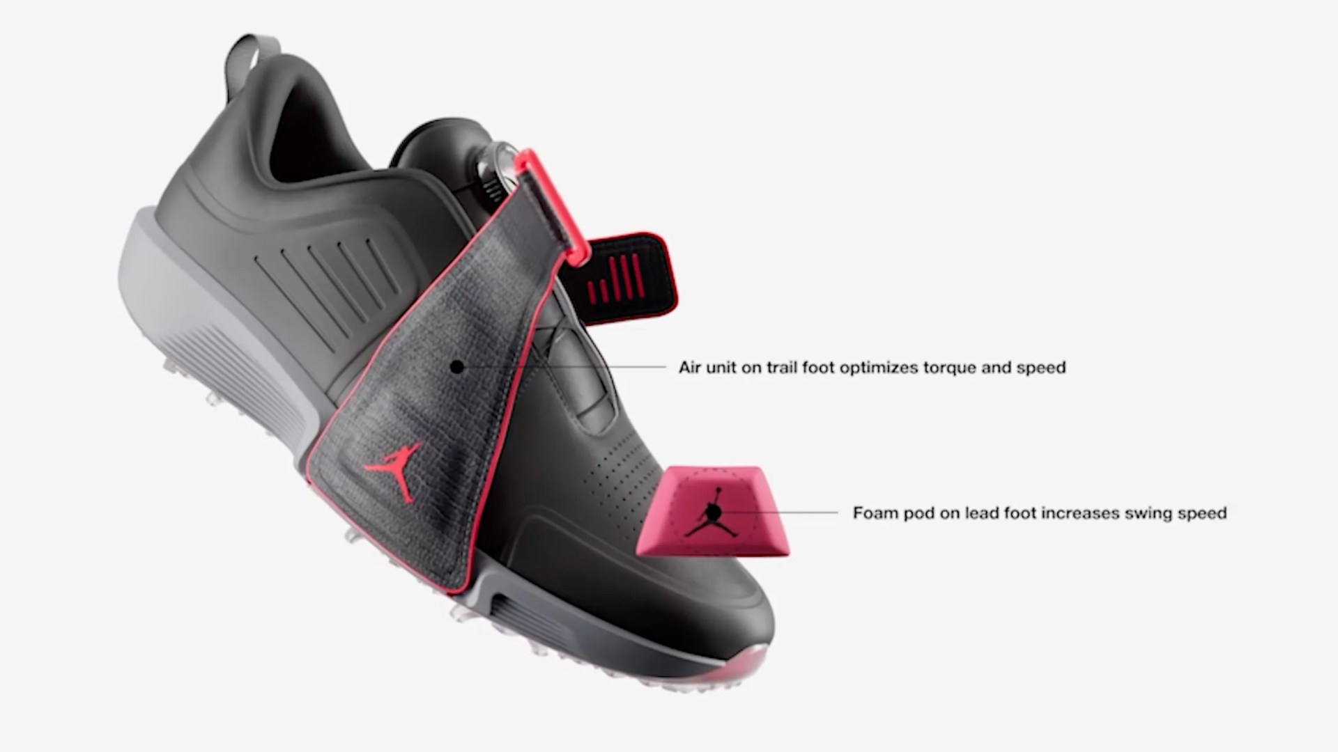 A video screenshot of a rendering of the Jordan Brand Air Rev golf shoe showing how a moveable air unit and foam pod slide into an integrated pout of the shoe. 
