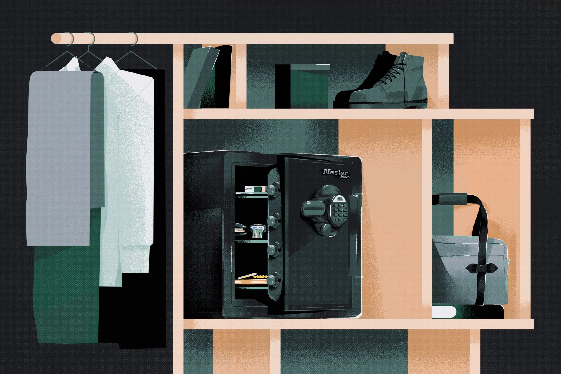 master lock safe with door open sitting on shelf in closet