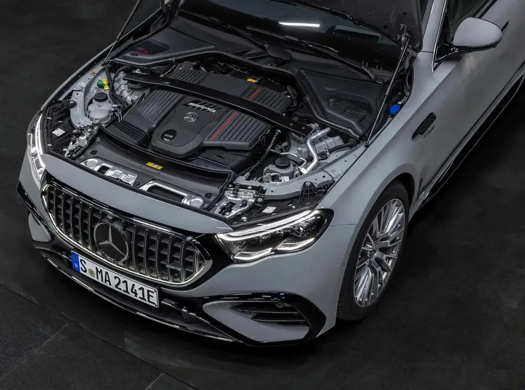The open hood and engine bay of the 2026 Mercedes-AMG E53 Hybrid Wagon