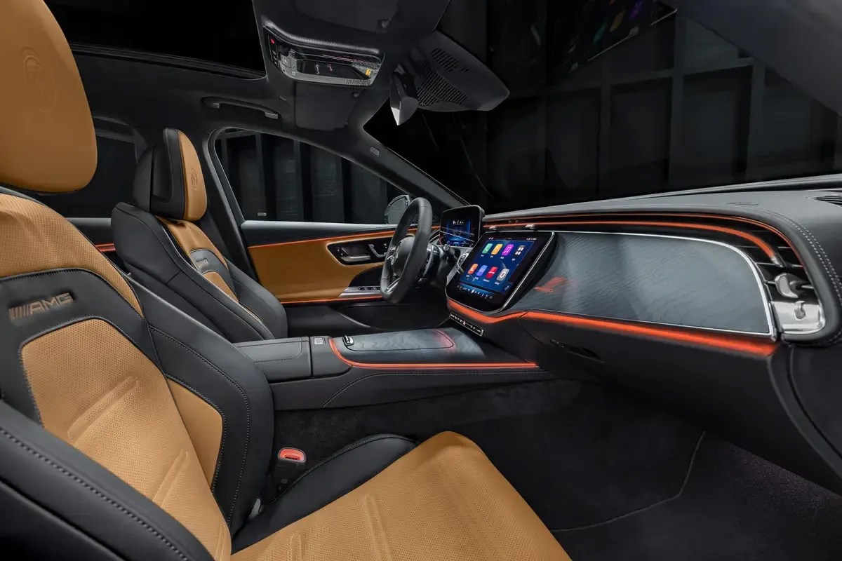 A shot from the passenger side door of the interior of the 2026 Mercedes-AMG E53 Hybrid Wagon