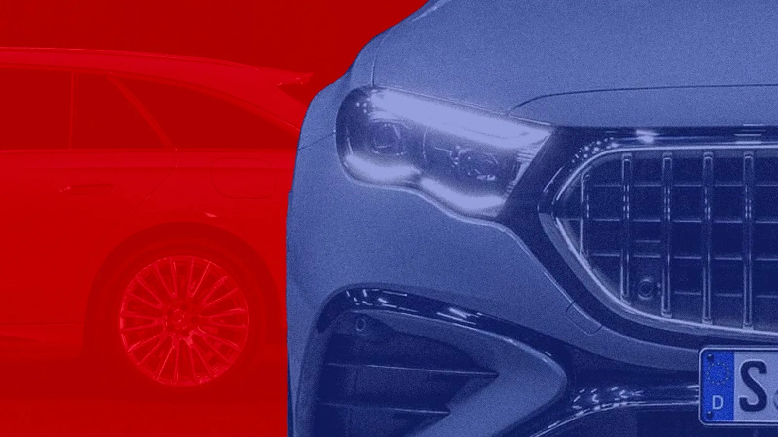 An abstract collage of images of the Mercedes-Benz AMG E53 Hybrid Wagon in red and blue