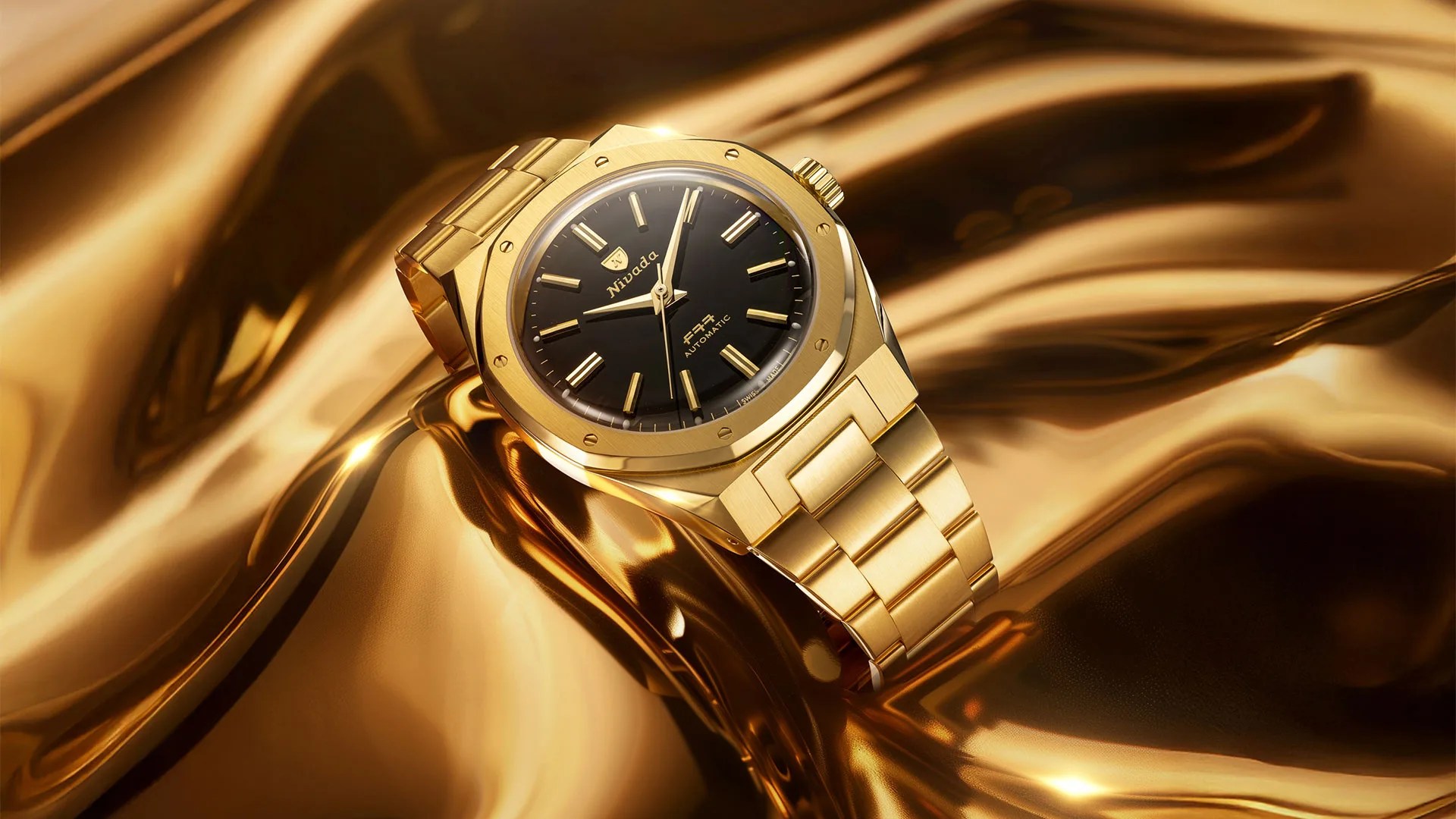 Nivada Mark II gold watch laying on gold fabric