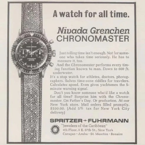 An image of an old newspaper advertisement for a Nivada Grenchen Chronomaster