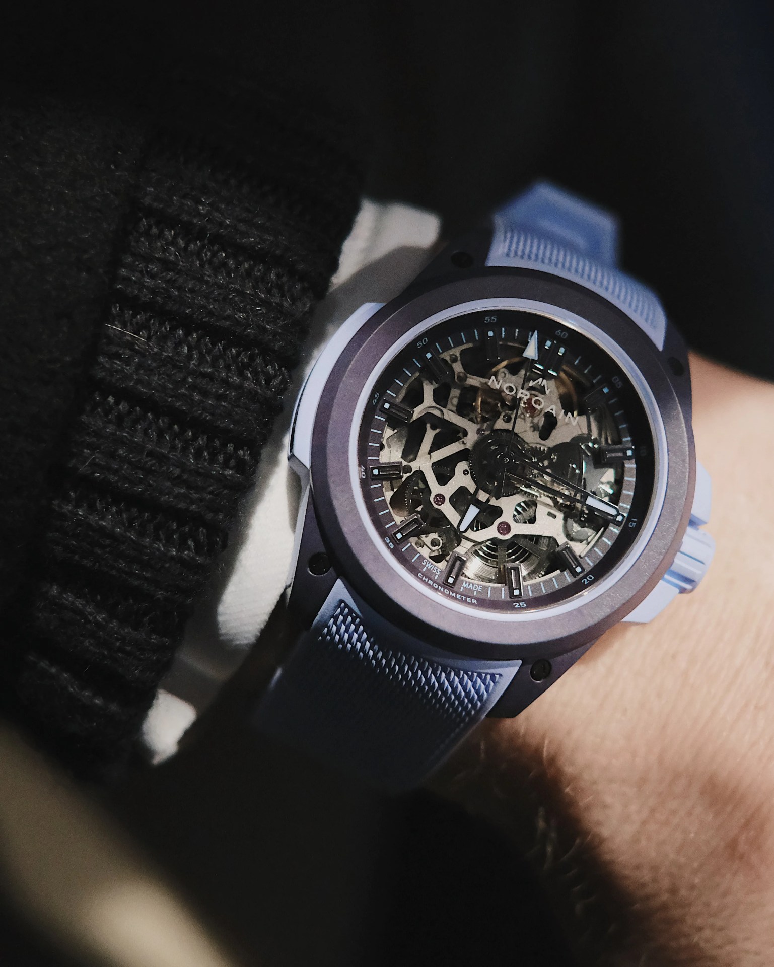 Norqain Wild One Skeleton 30 worn on male wrist