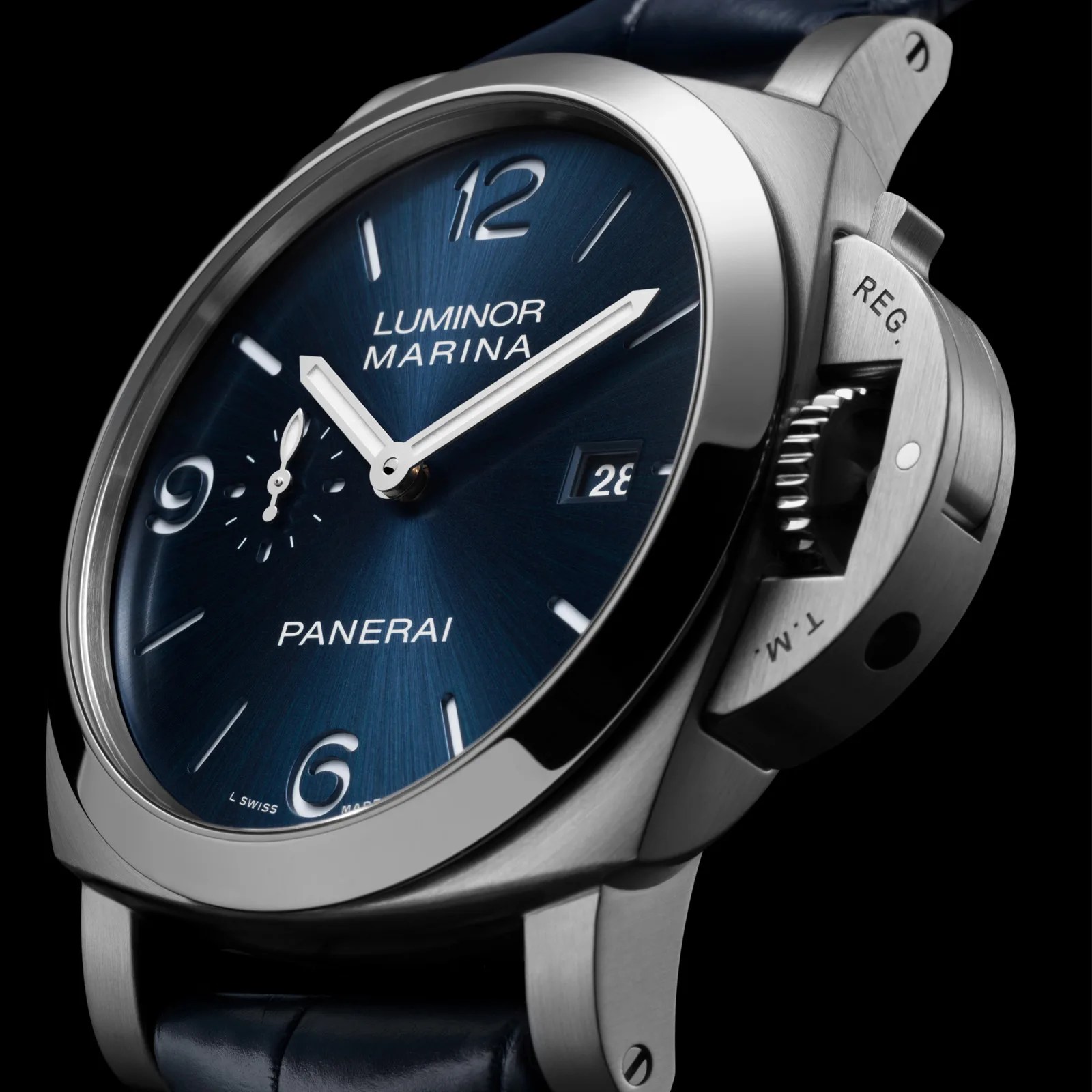 The 2025 Panerai Luminor Marina watch with a dark blue dial shown at a close up and angle. 