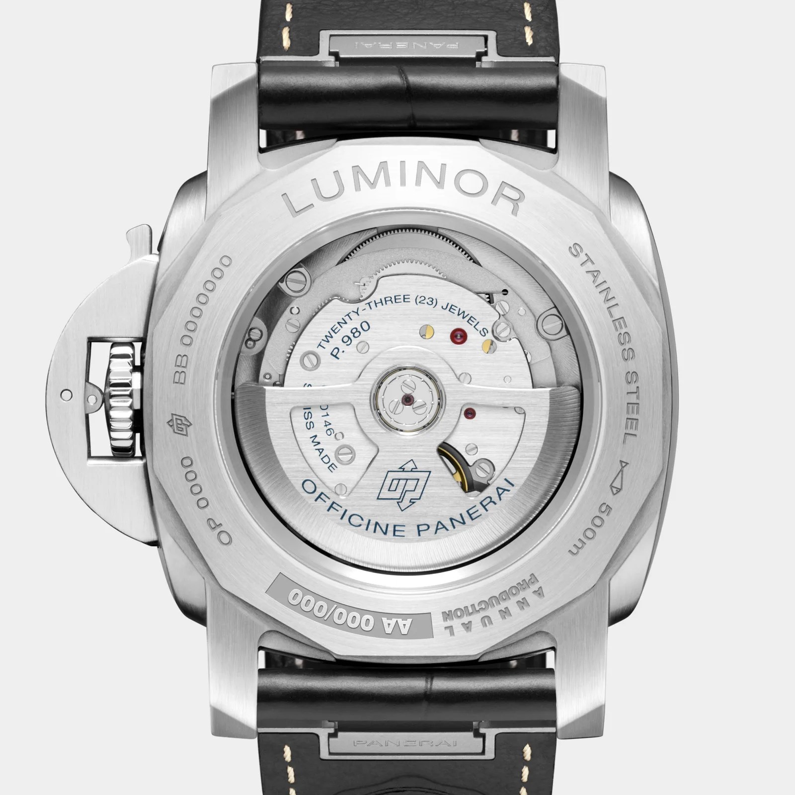 An image of the back of the 2025 Panerai Luminor Marina showing the movement visible through a clear glass caseback.