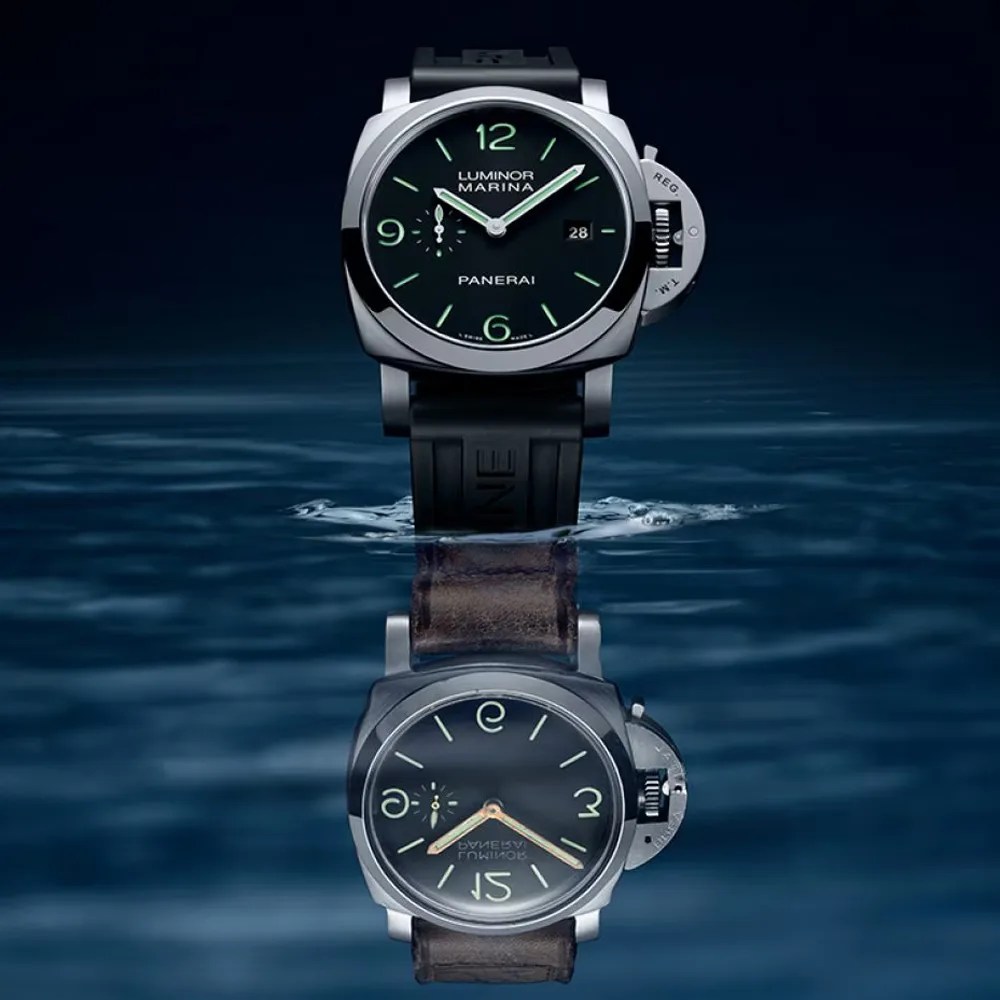 A new version of the 2025 Panerai Luminor Marina series shown in water with the reflection of the watch showing the older version
