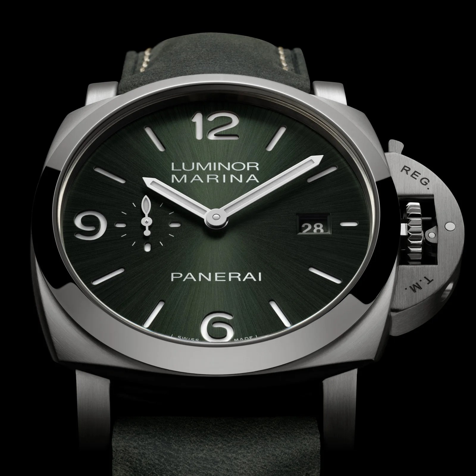 The Panerai Luminor Marina Titanio PAM03325 close-up of the watch's dark green face
