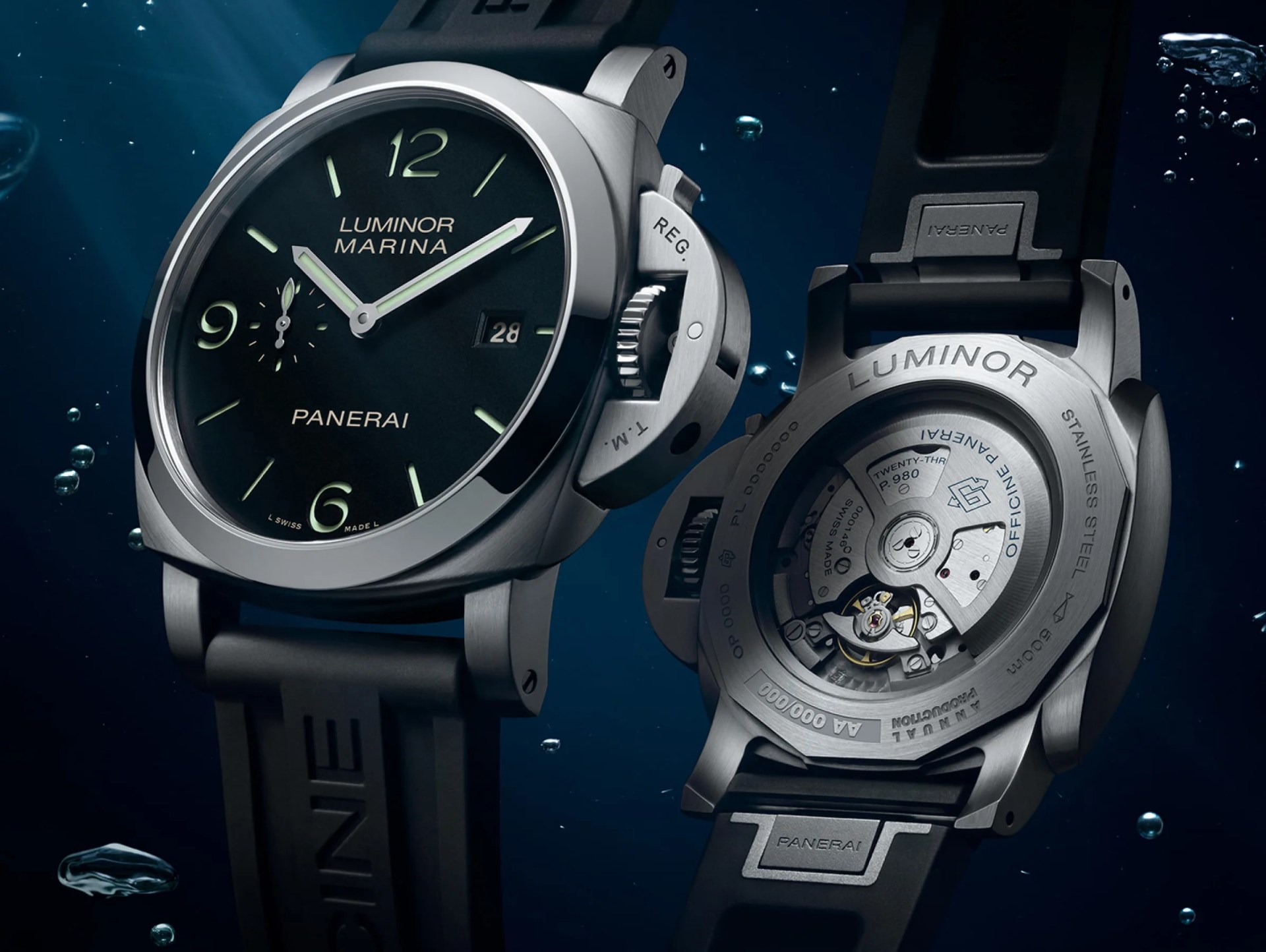 An image of the front and back of the 2025 Panerai Luminor Marina series shown floating in ocean water.