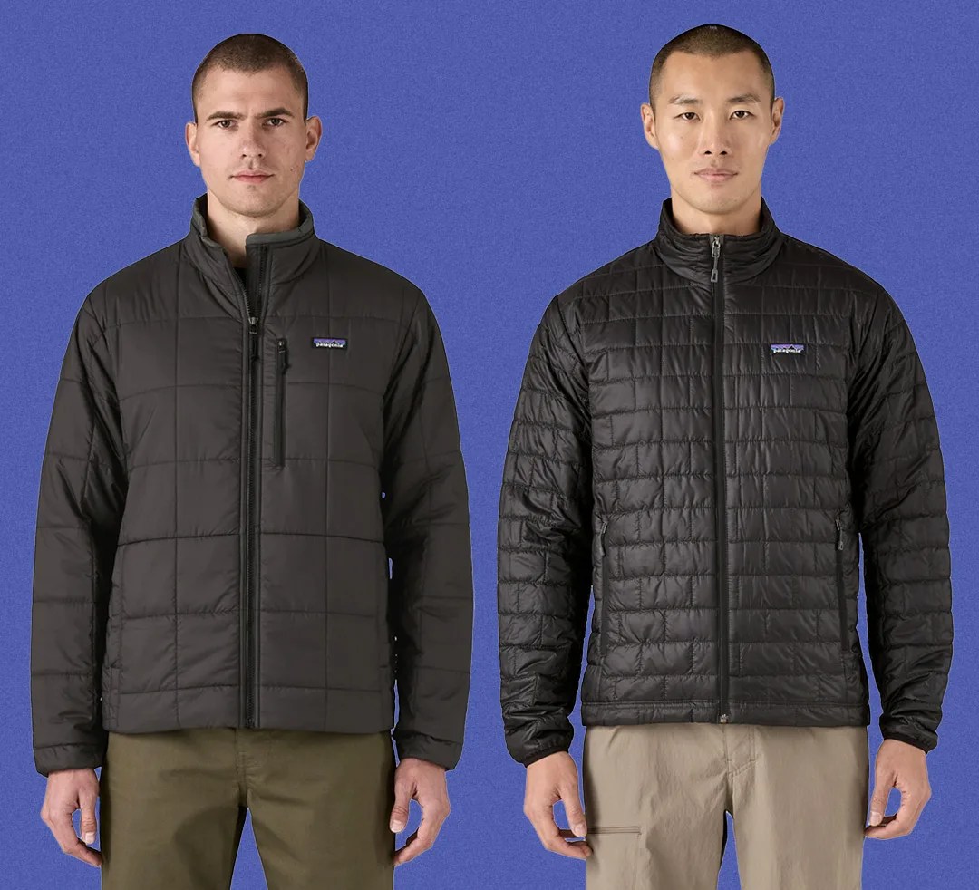 Two male models standing facing front and and side by side. Both is wearing a Patagonia Nano Puff Mid-Layer. Another is wearing Patagonia's newer Light Gust Mid-layer jacket.