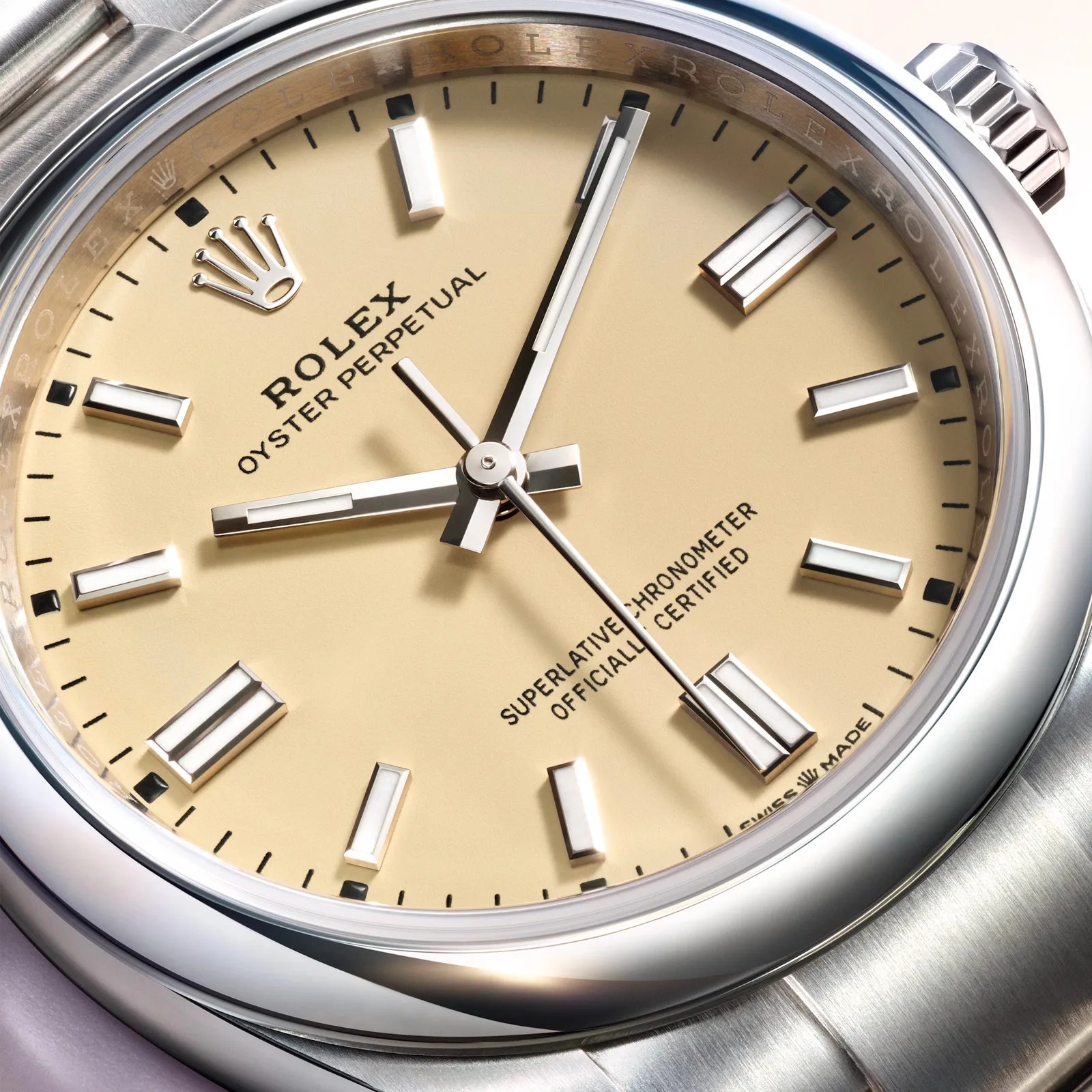 A close up view of the 2025 Rolex Oyster Perpetual with a new Beige-colored dial