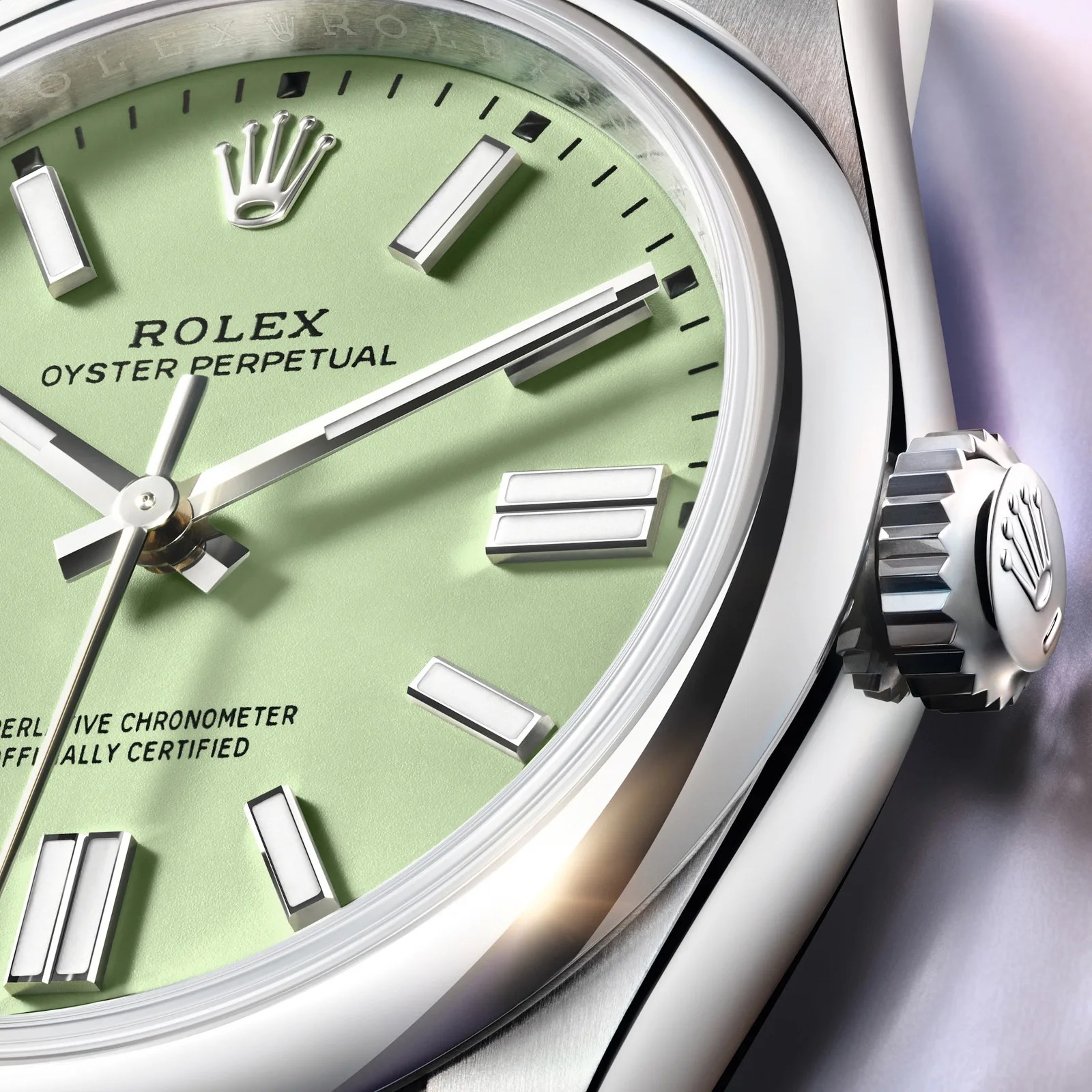 A close up view of the 2025 Rolex Oyster Perpetual with a new pistachio-colored dial