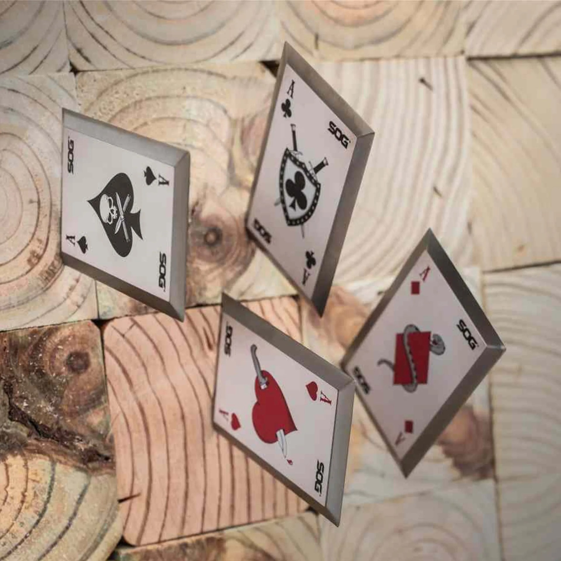 SOG Throwing Death Cards in wood