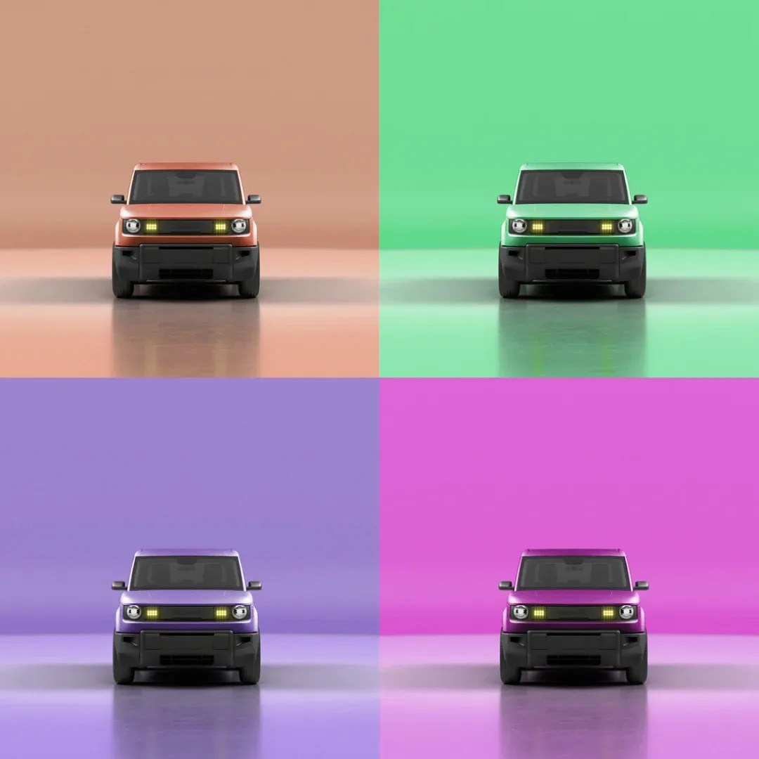 Four different colored versions of the the Slate Auto Blank Slate EV Truck in a four up grid.