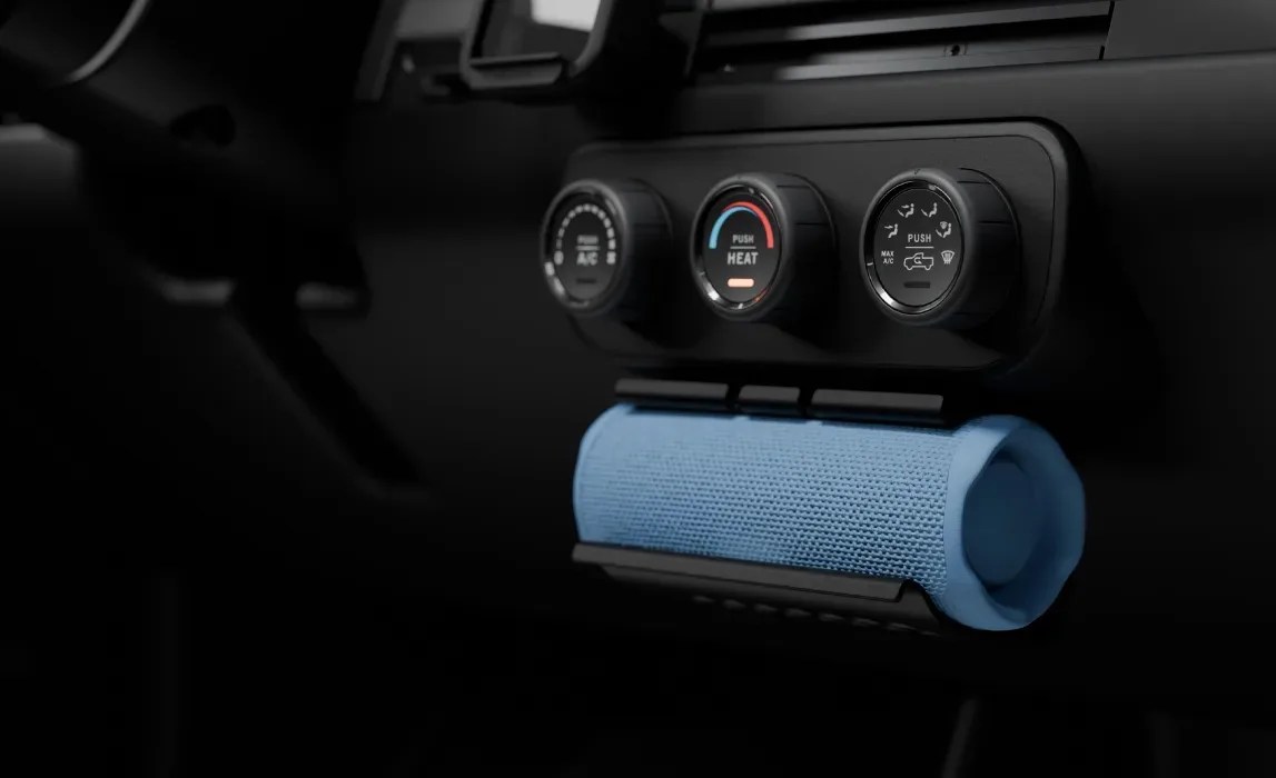 A look at how drivers can attach their own Bluetooth speaker inside the Slate Auto Blank Slate EV Truck 