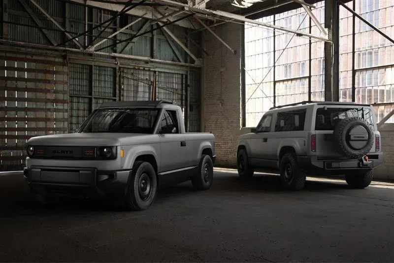 Slate's Blank Slate Truck and SUV configuration shown at angles inside a sunlit warehouse.
