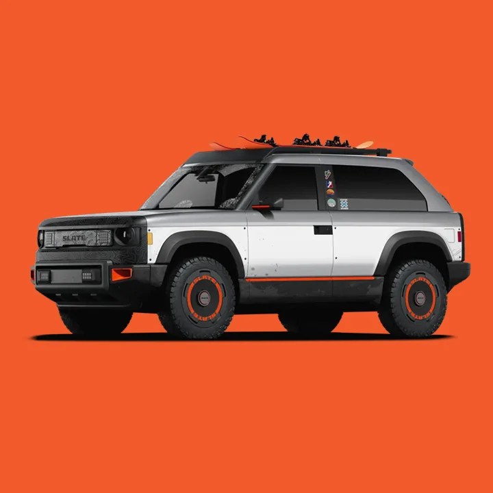 The Slate Auto Blank Slate EV Truck equipped as a slant back SUV for Skiing. 