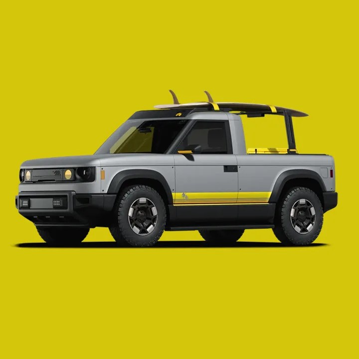 The Slate Auto Blank Slate EV Truck is shown in a customized surfing build. 