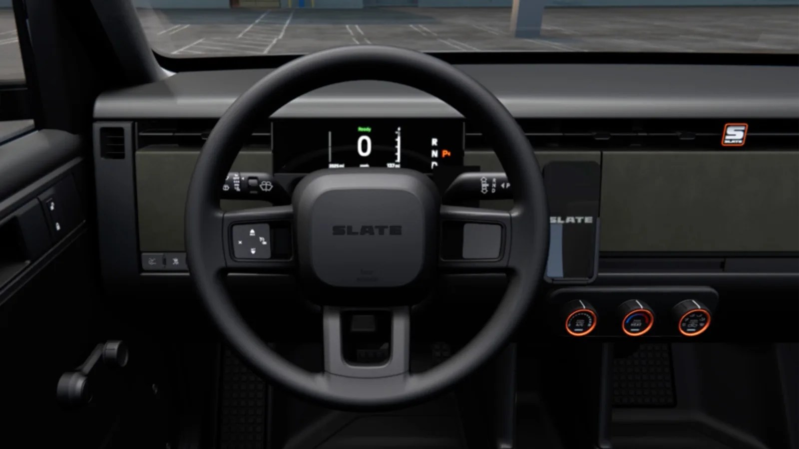 A look at the dash and steering wheel of the the Slate Auto Blank Slate EV Truck. 