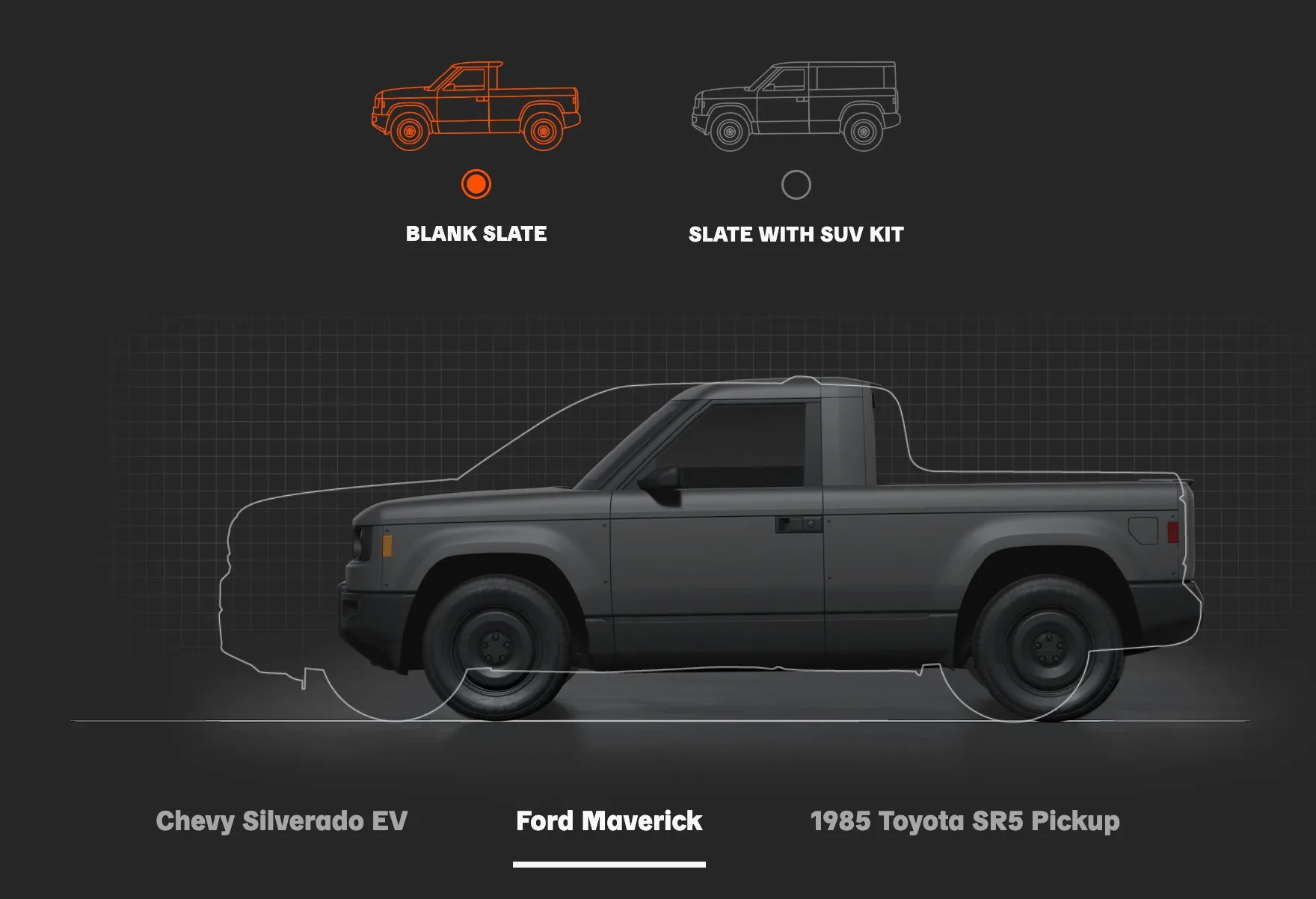 The Slate Auto Blank Slate EV Truck sized compared to the Ford Maverick. 