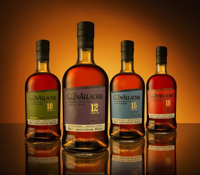 A collection of The GlenAllachie core whiskys