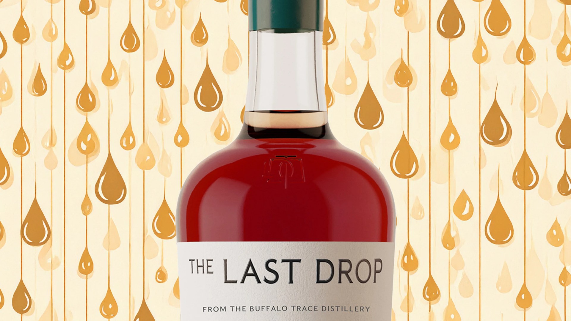 A bottle of The Last Drop Release 37 27-Year-Old Buffalo Trace Bourbon shown at an angle against an illustrated background of whiskey drops