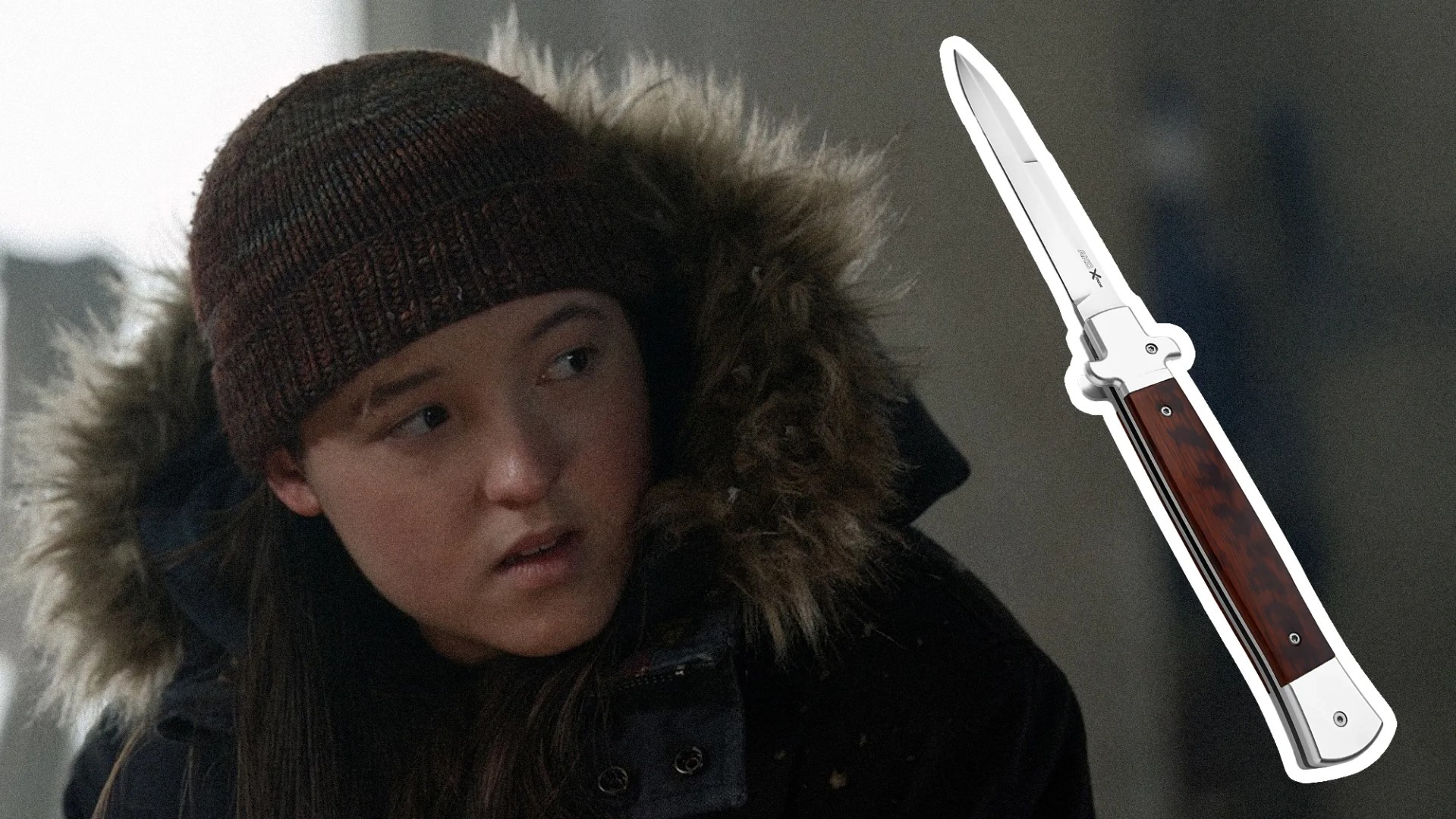 Bella Ramsey in beanie and fur-lined hooded jacket next to stiletto knife