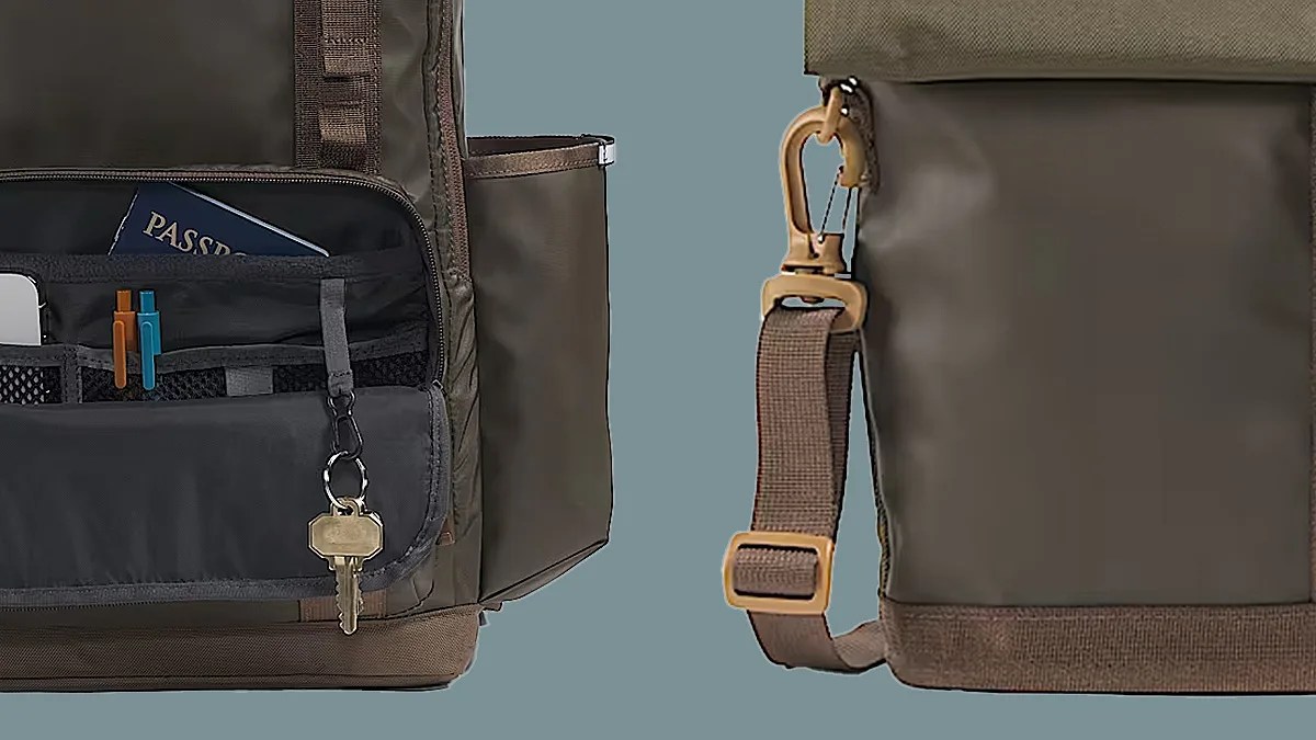 The North Face Base Camp EDC Travel Bags on blue background closeup
