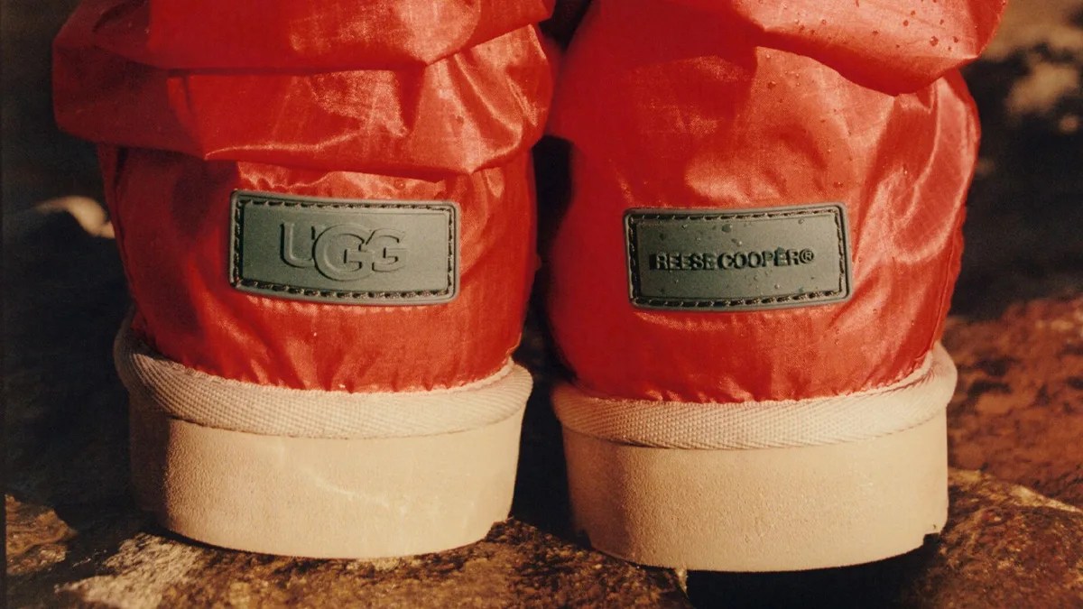 Ugg x Reese Cooper Classic Mini shoe heels on riverbank