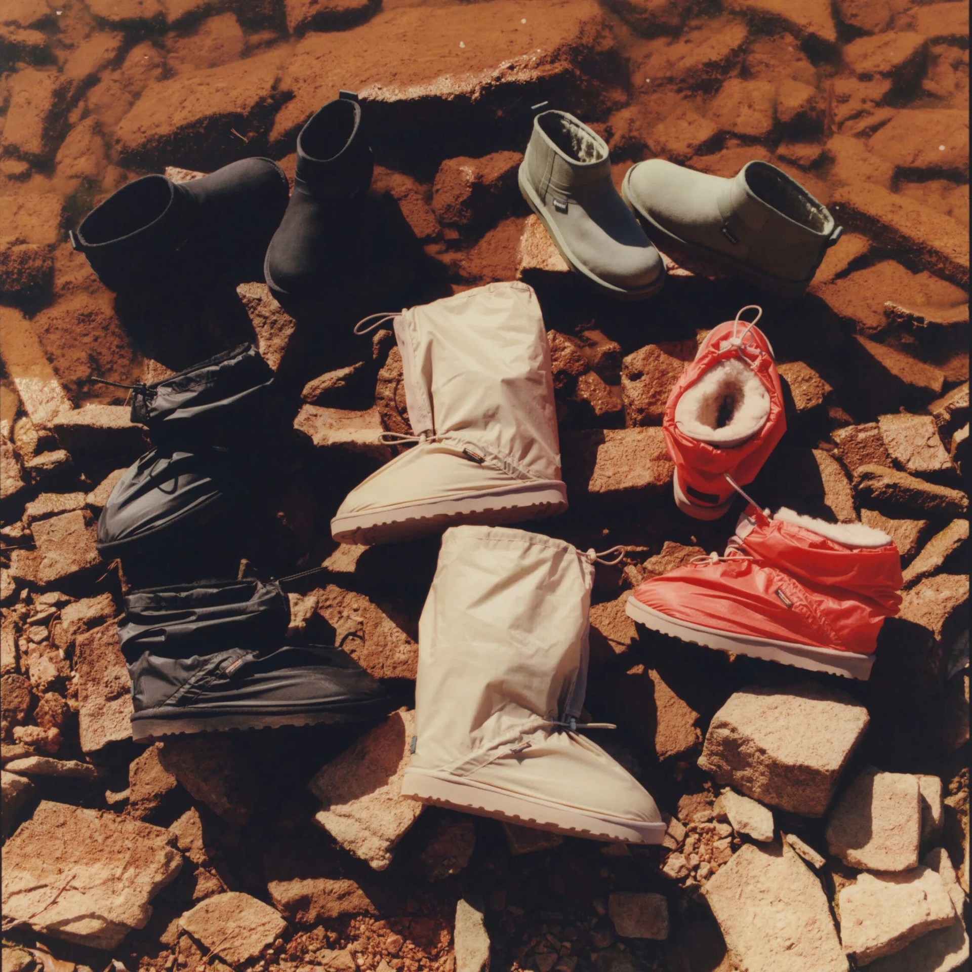 Ugg x Reese Cooper Classic Mini and Classic Ultra Mini shoes on creek bed