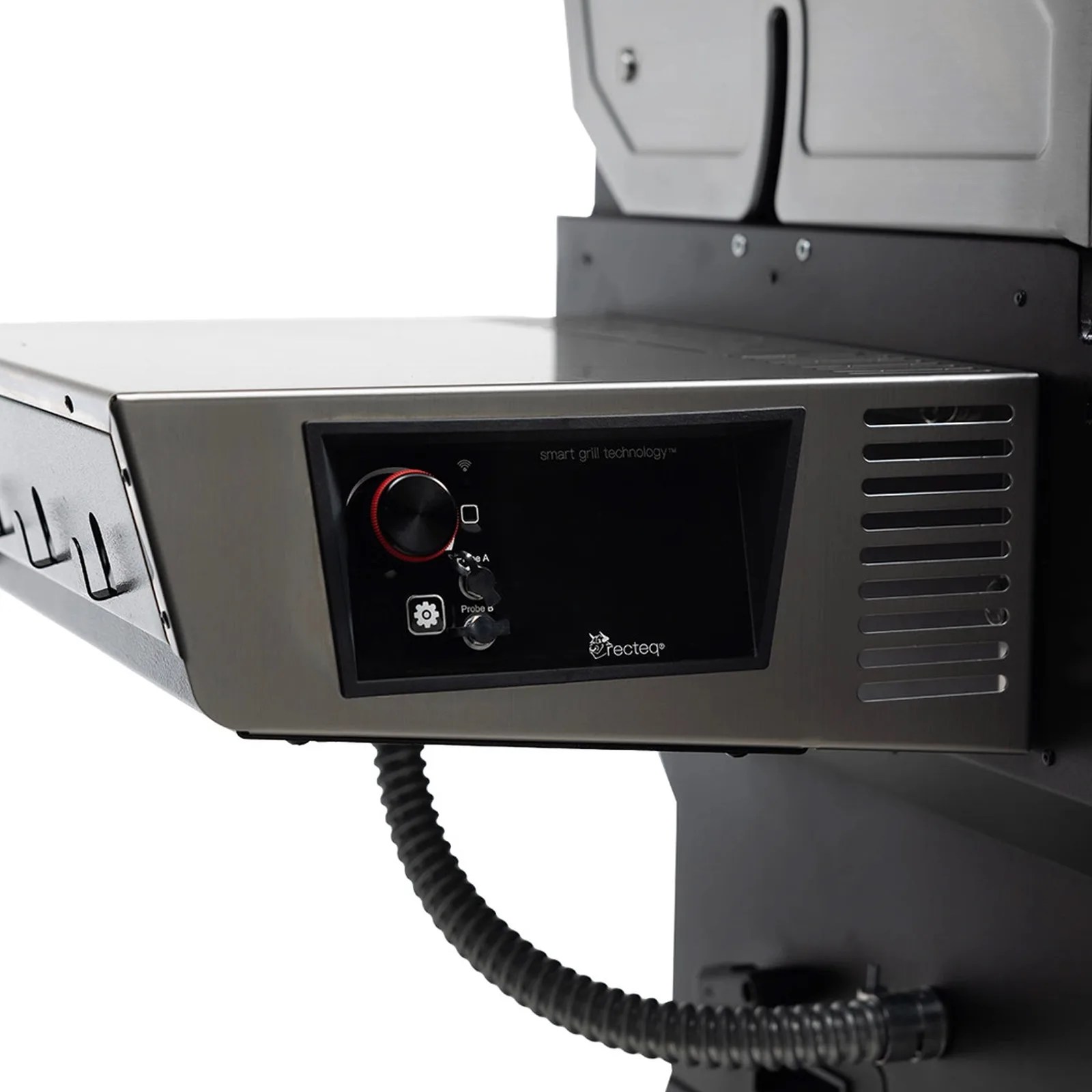 A hand shown adjusting the cooking control knob that switches between smoke and grill mode on the Recteq X-Fire Pro 825 pellet grill. The knob is shown illuminated with a purple ring. 