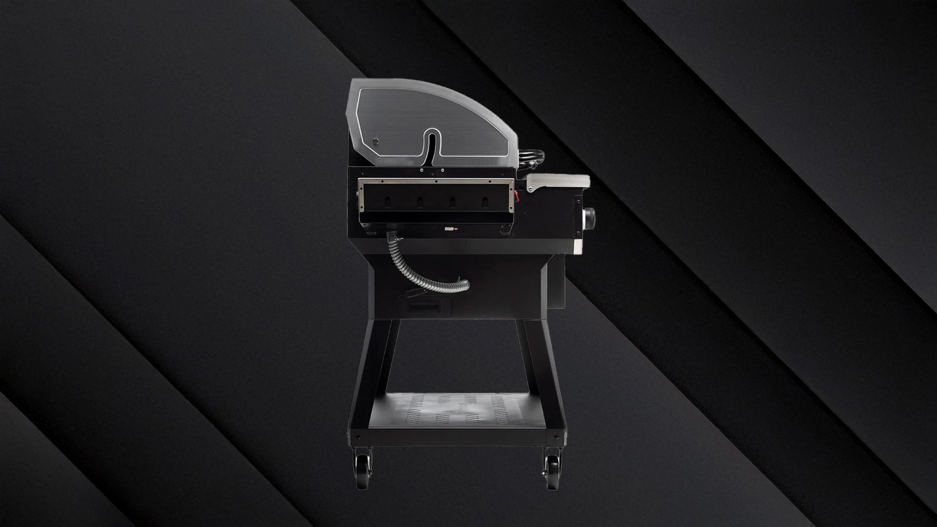 A profile view of the Recteq X-Fire Pro 825 grill against a dark metallic background.
