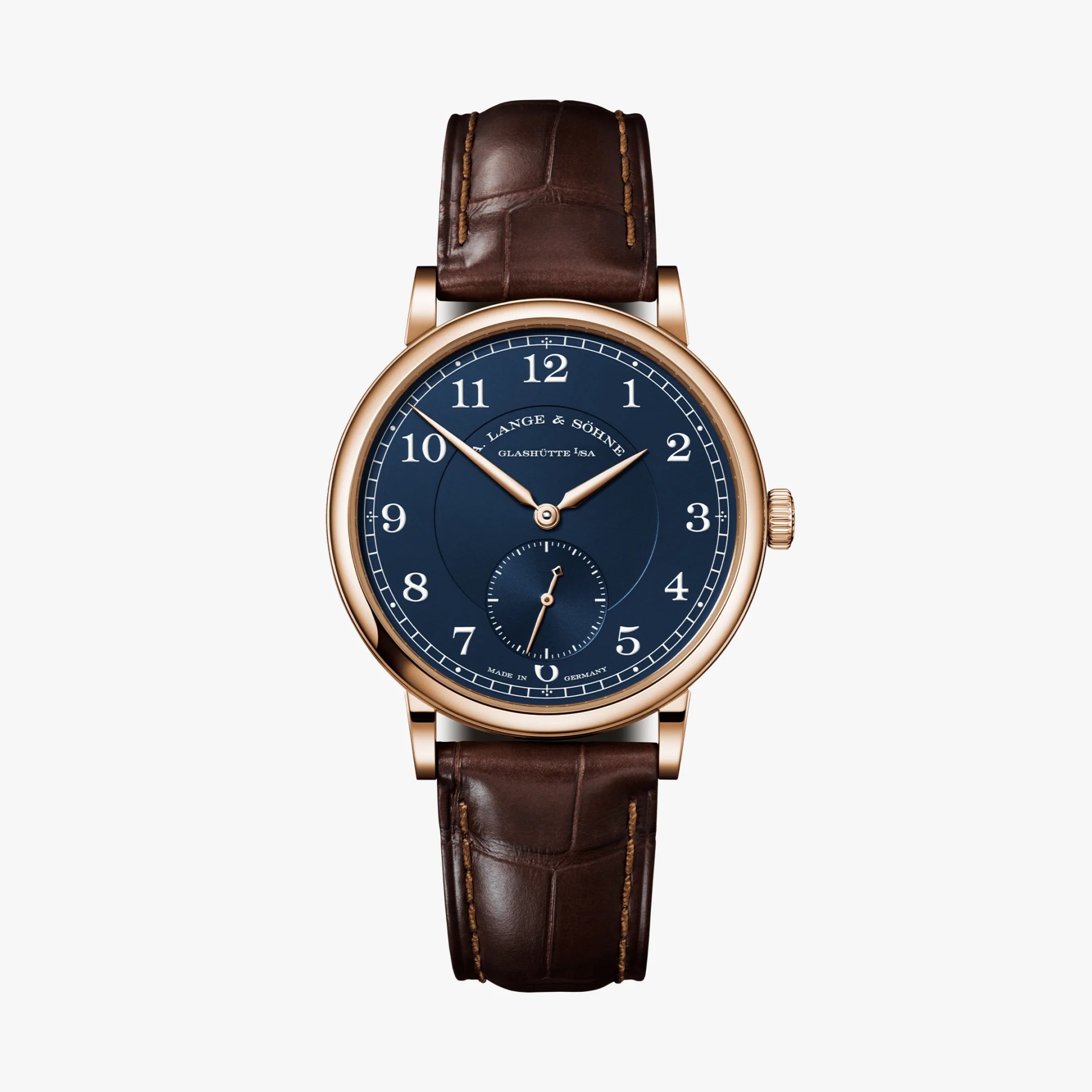 a gold watch with a blue dial and brown leather strap