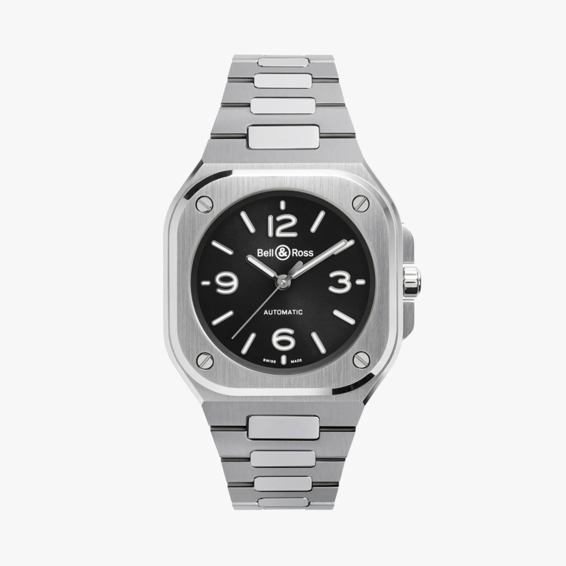 a steel square case watch with a black dial