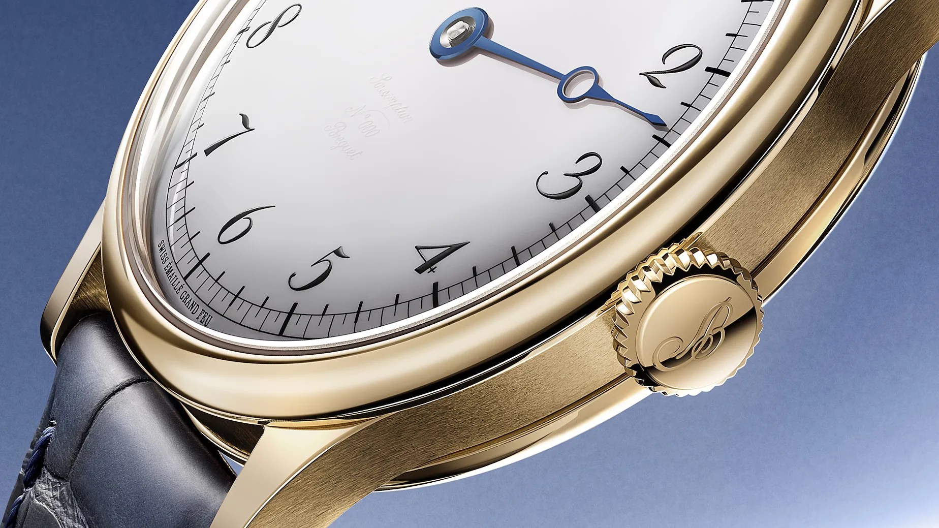 the crown and dial of a one hand Briguet watch